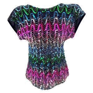 Vintage Sequin Zigzag Blouse Disco Glam Party Top 80s Shoulder Pads Rainbow M